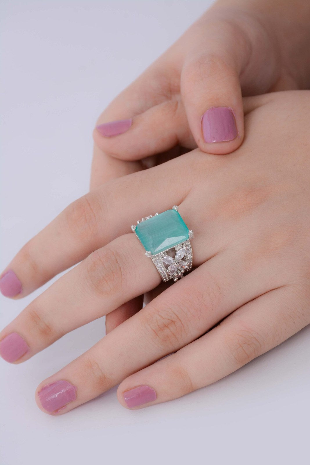 Aqua Zircon Silver-Tone Statement Ring