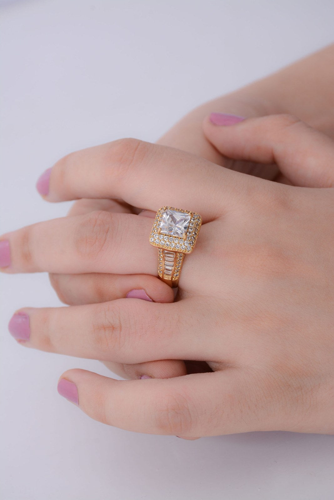 Golden Square Crystal Zircon Ring