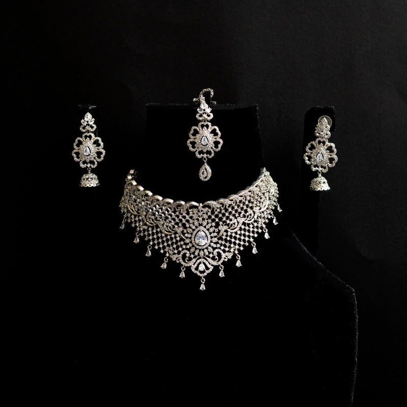 Silver Zircon Choker Set with Tikka