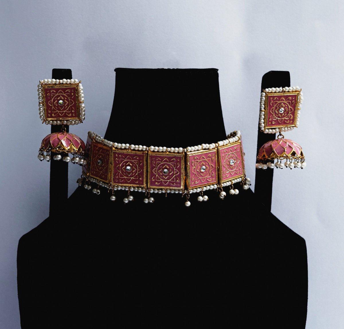 Pink Meenakari Choker Set with Jhumkas