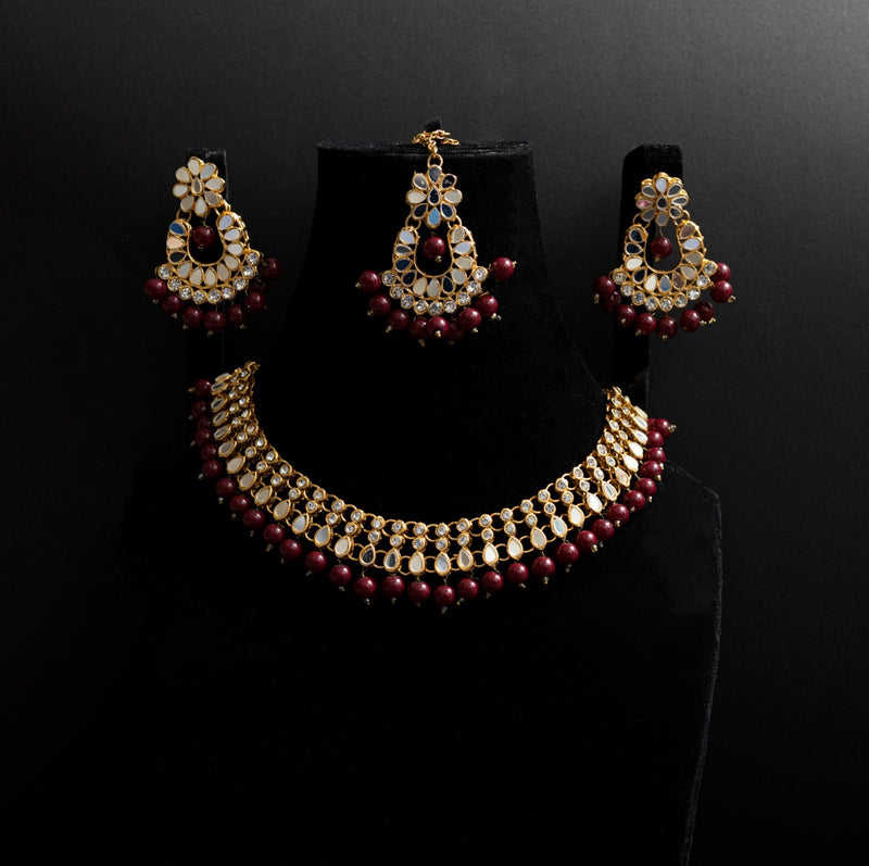 Maroon Golden Choker Set with Tikka
