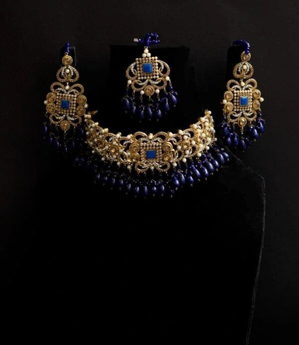 Midnight Blue Golden Choker Set with Tikka