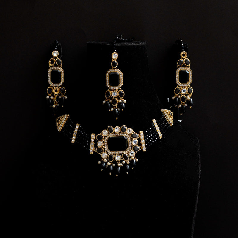 Black Golden Choker Set with Tikka
