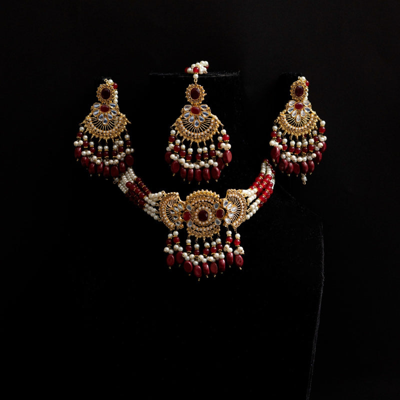 Red Golden Choker Set with Tikka