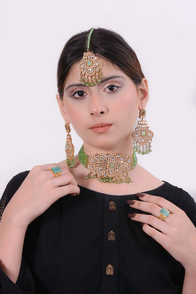 Green Silver Kundan Choker Set with Tikka