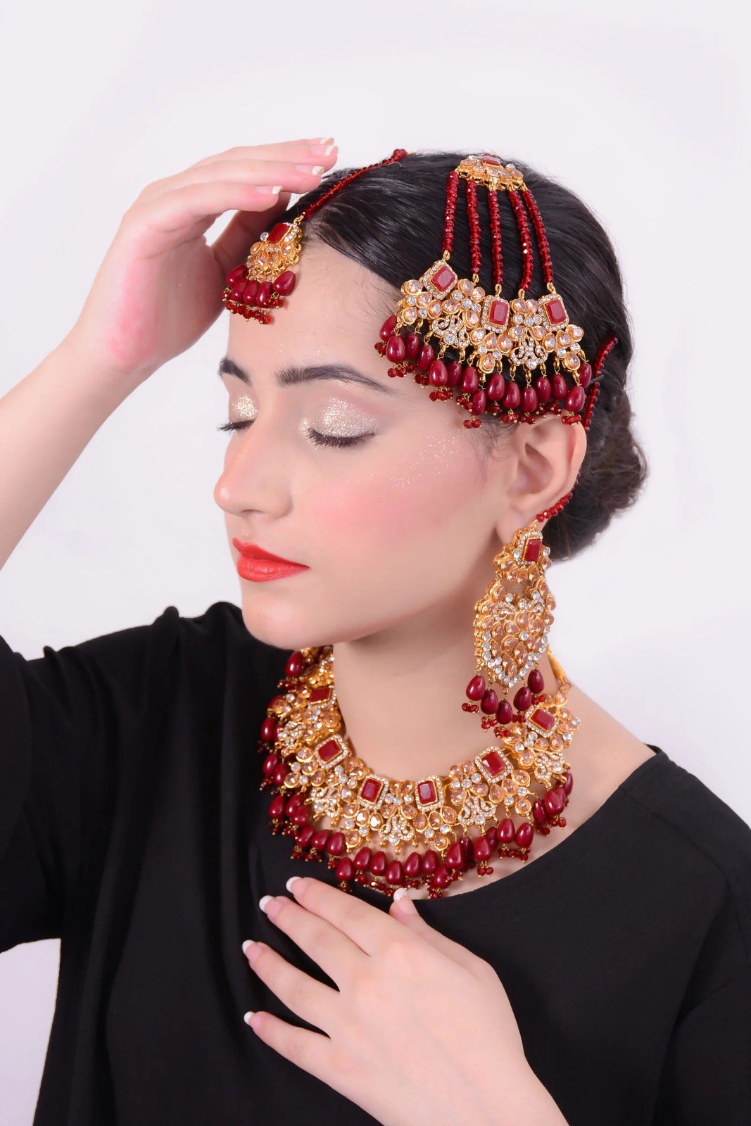 Ruby Bead Heavy Bridal Set with Jhoomar