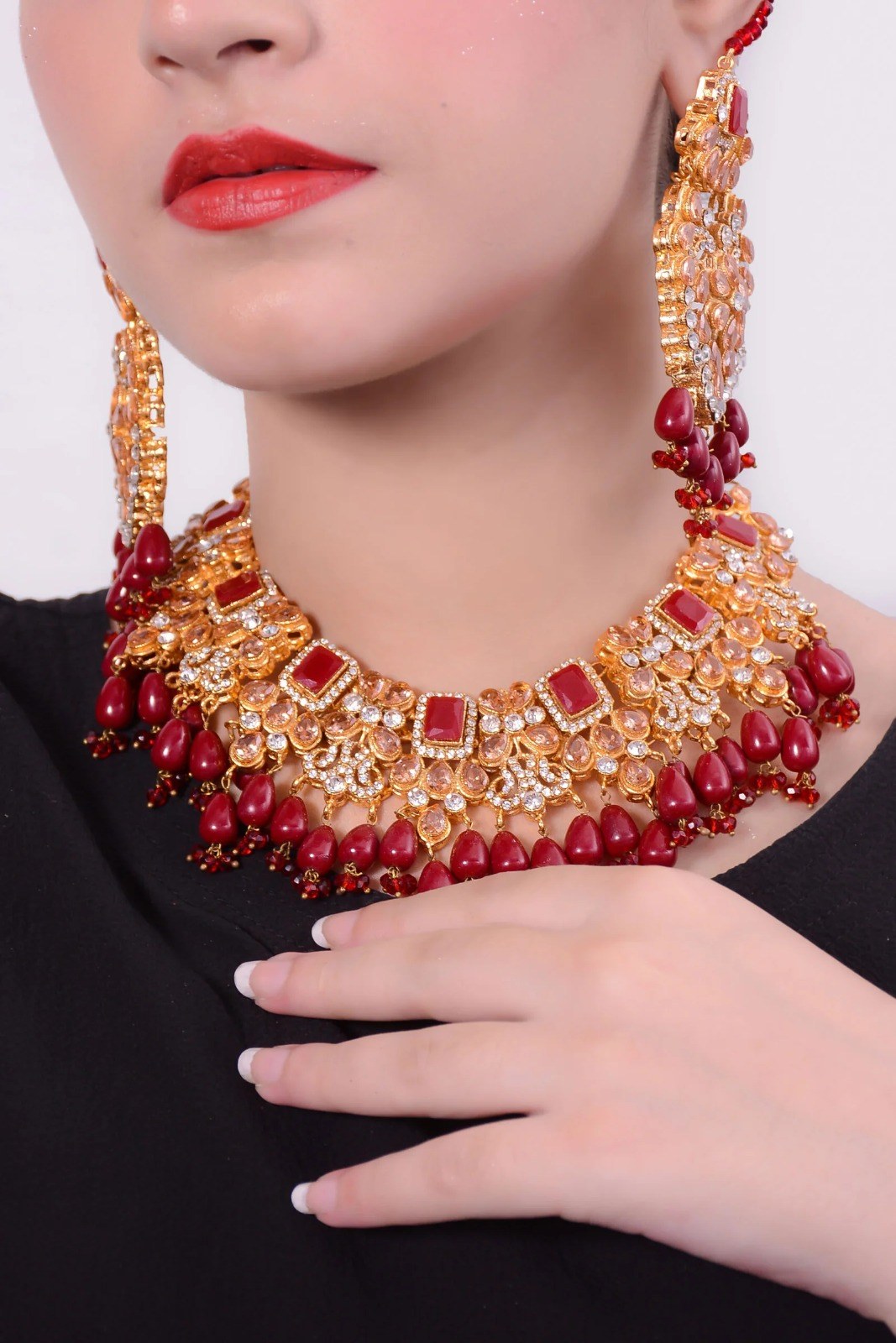 Ruby Bead Heavy Bridal Set with Jhoomar