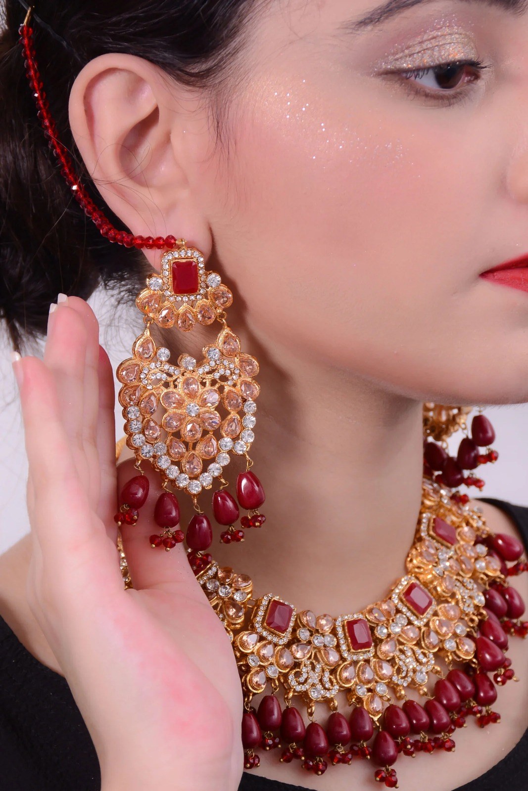 Ruby Bead Heavy Bridal Set with Jhoomar