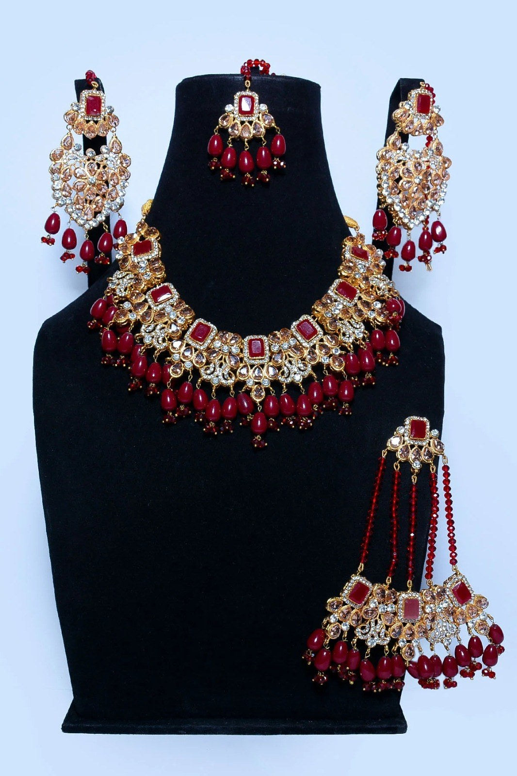 Ruby Bead Heavy Bridal Set with Jhoomar