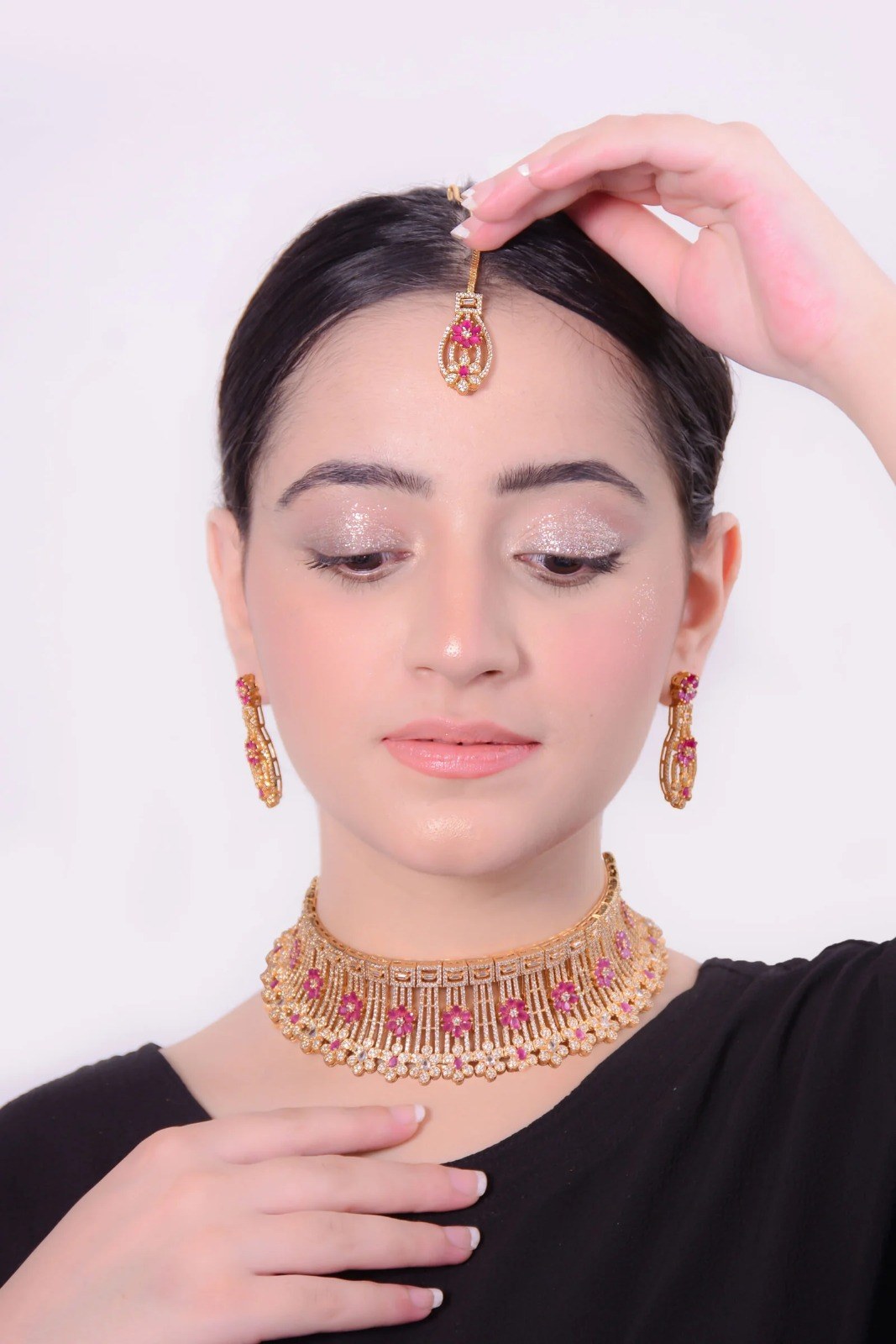 Golden Ruby Pink Choker Set with Tikka