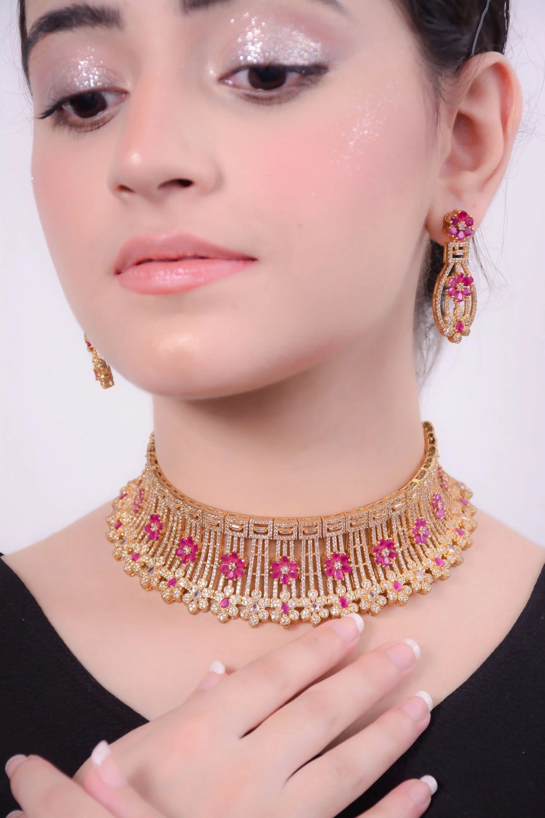 Golden Ruby Pink Choker Set with Tikka