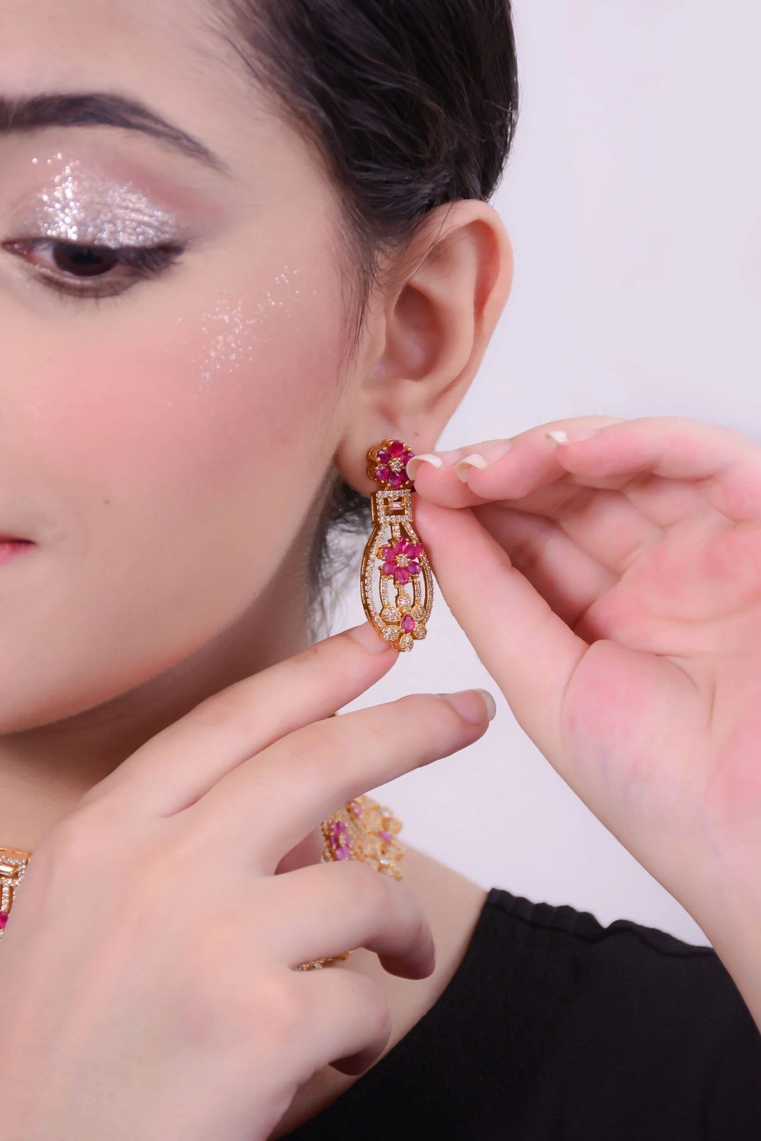 Golden Ruby Pink Choker Set with Tikka