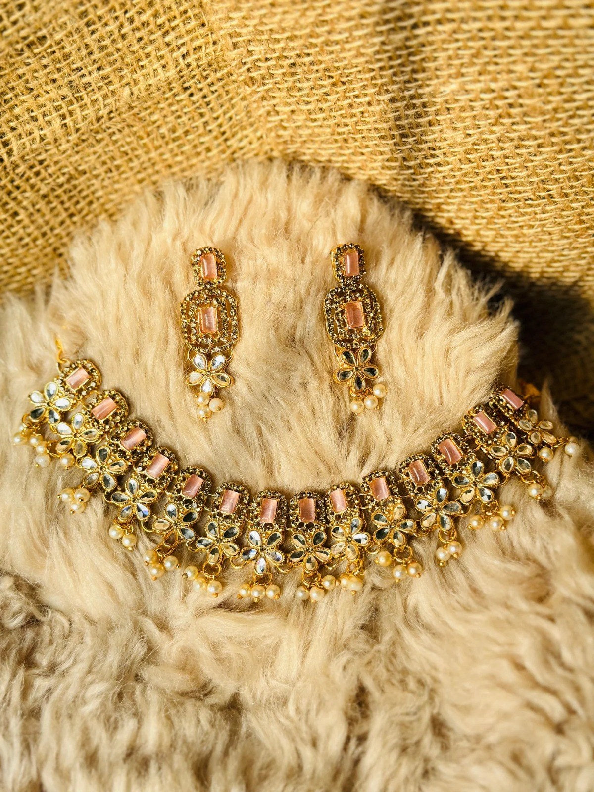 Pink Zircon Golden Necklace Set
