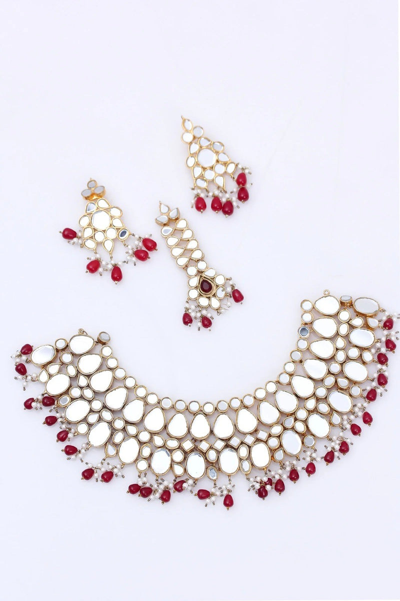 Silver Kundan Ruby Drop Choker Set