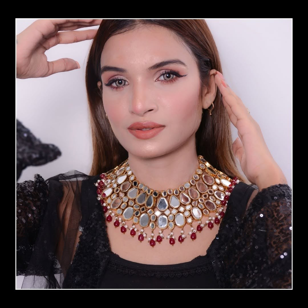 Silver Kundan Ruby Drop Choker Set