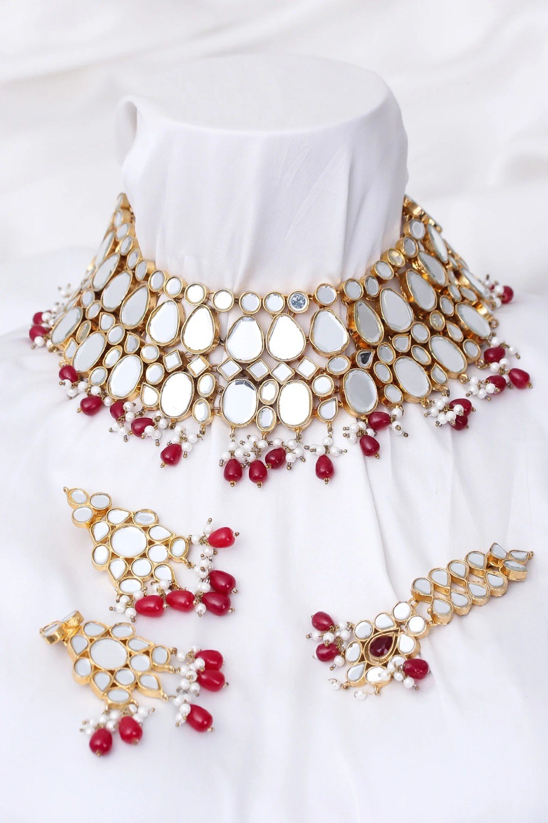 Silver Kundan Ruby Drop Choker Set