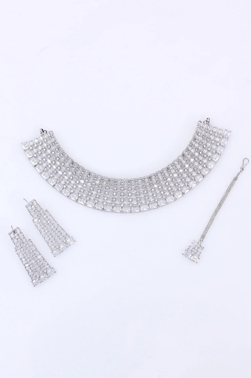 Silver Zircon Statement Choker Set