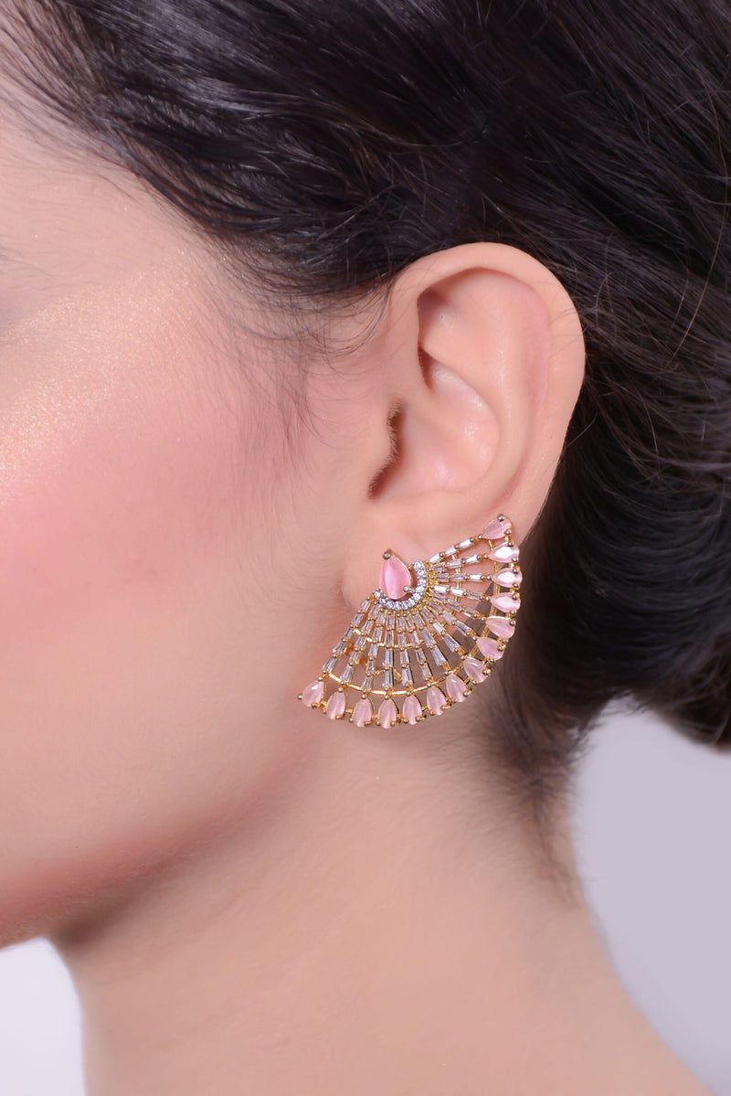 Pink Stone Fan Cuff Earrings