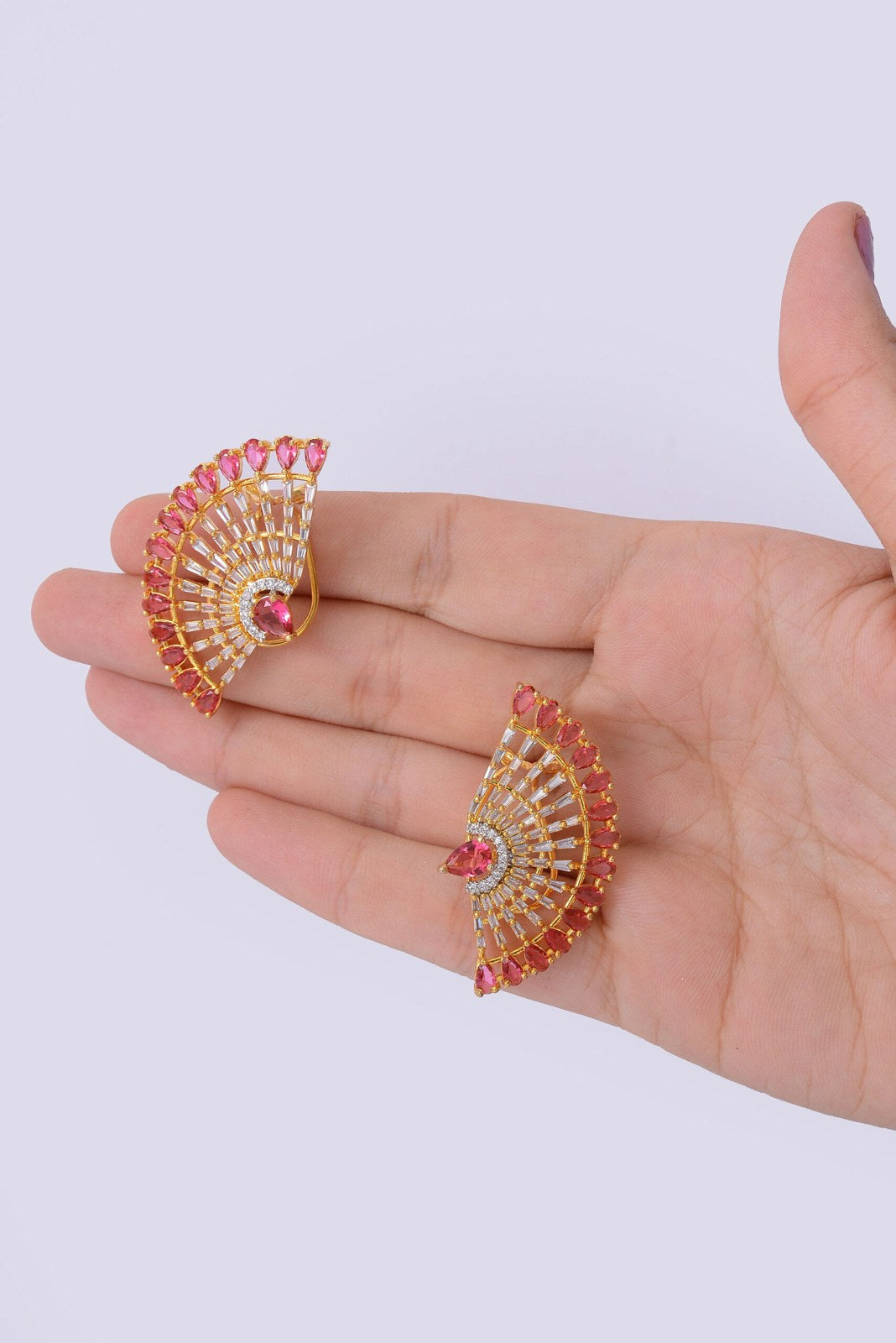 Pink Stone Fan Cuff Earrings