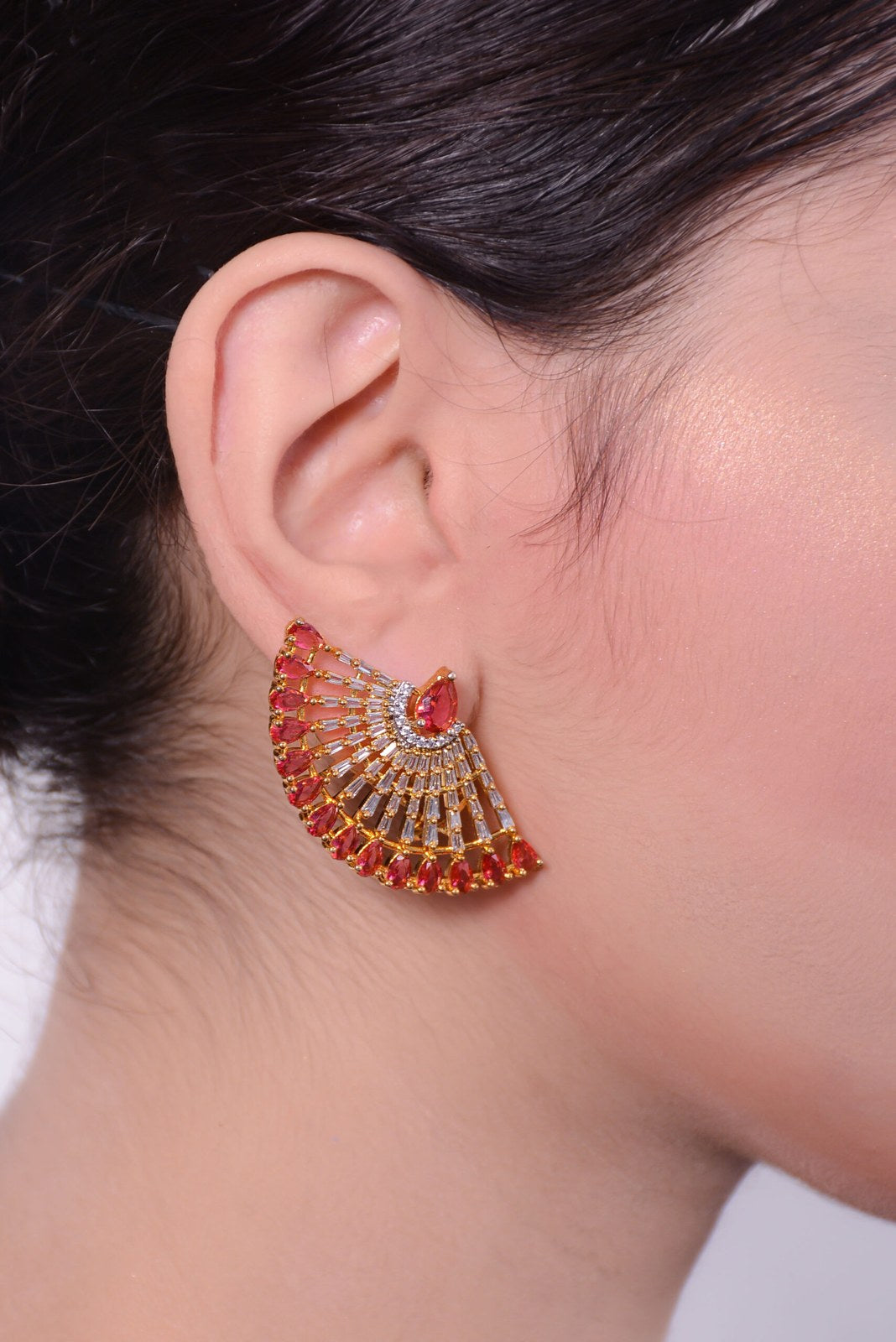 Pink Stone Fan Cuff Earrings