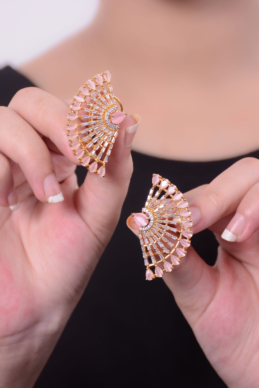Pink Stone Fan Cuff Earrings