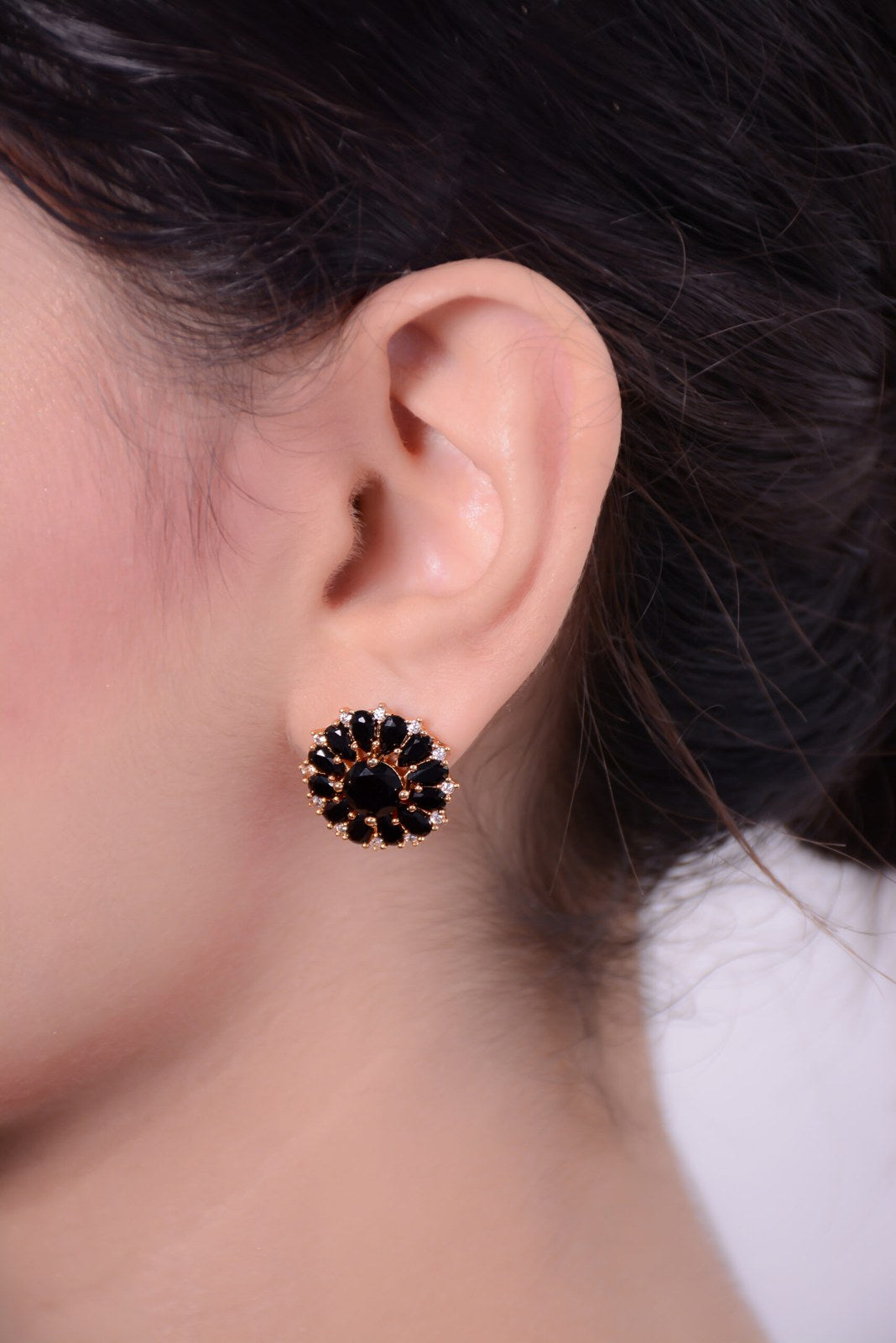 Black Stone Golden Flower Studs