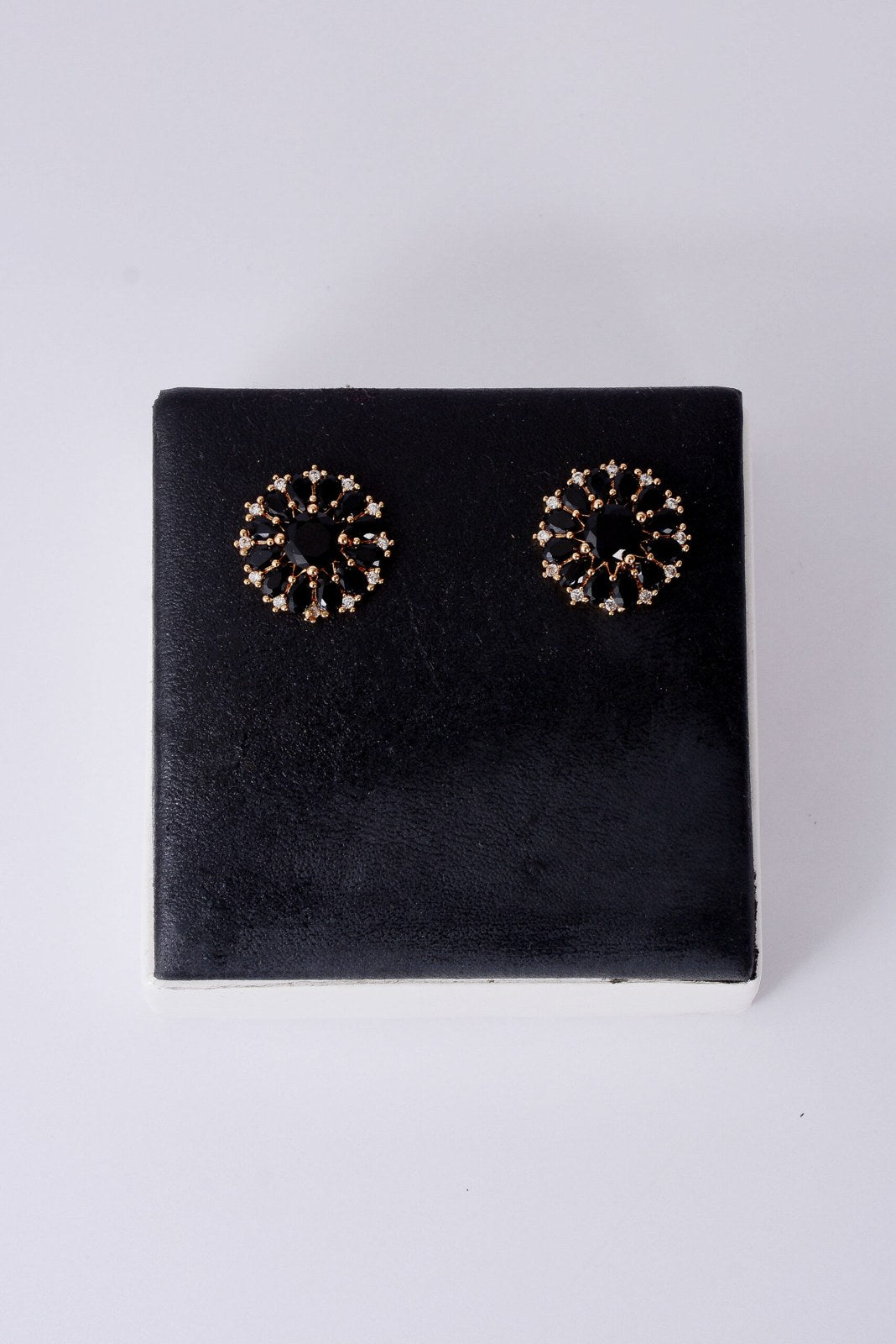 Black Stone Golden Flower Studs