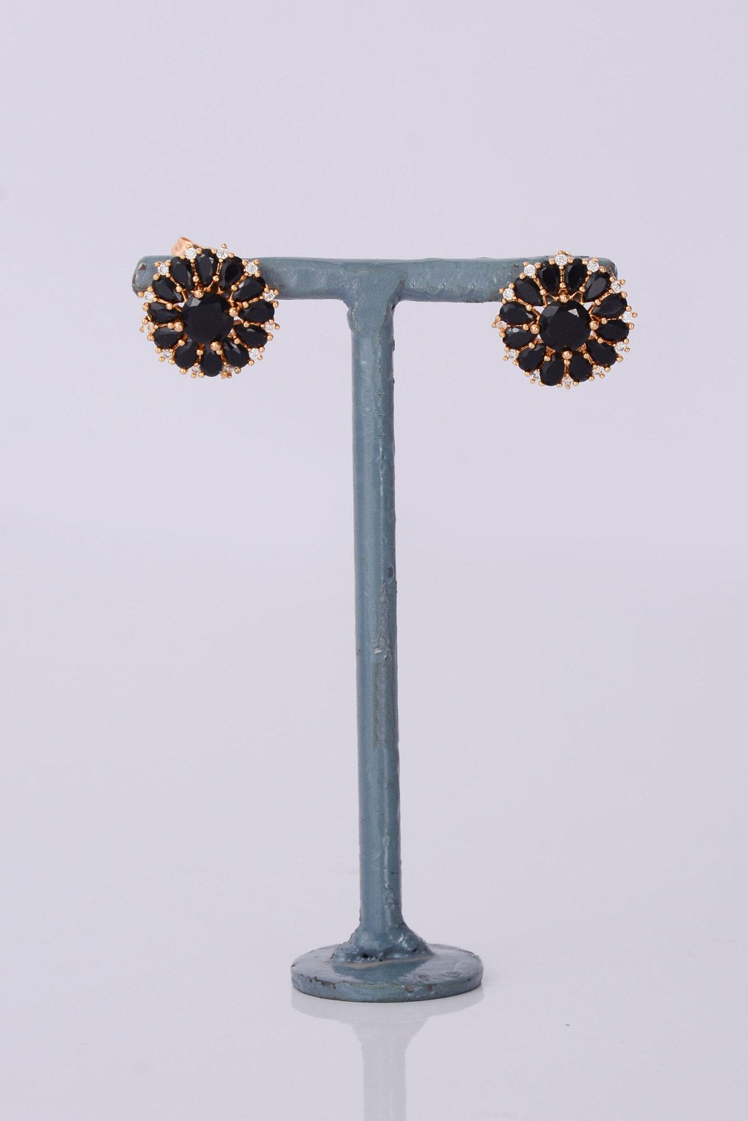 Black Stone Golden Flower Studs
