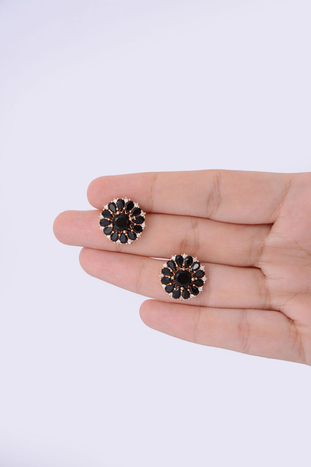 Black Stone Golden Flower Studs