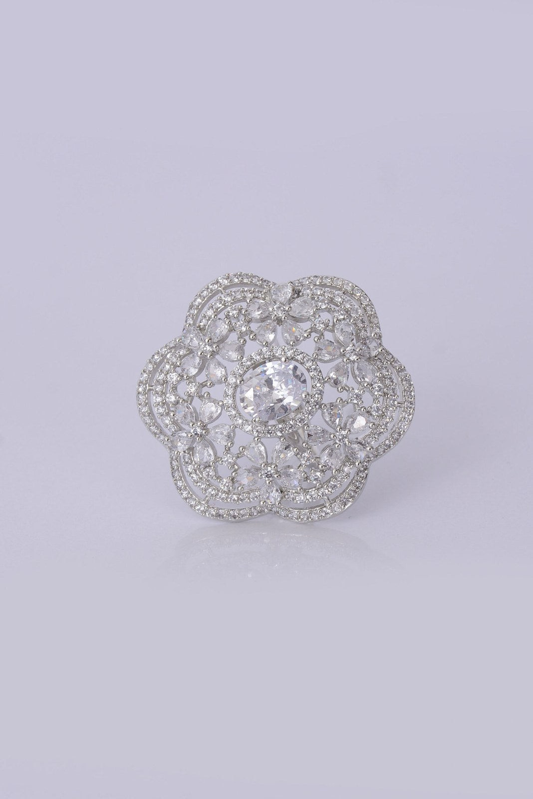 Zircon Silver Flower Cocktail Ring