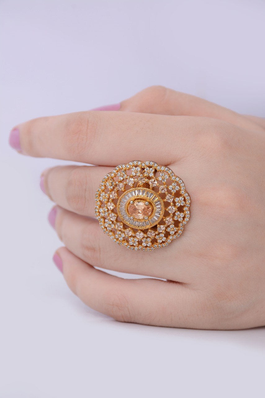 Copper Silver Zircon Round Cocktail Ring