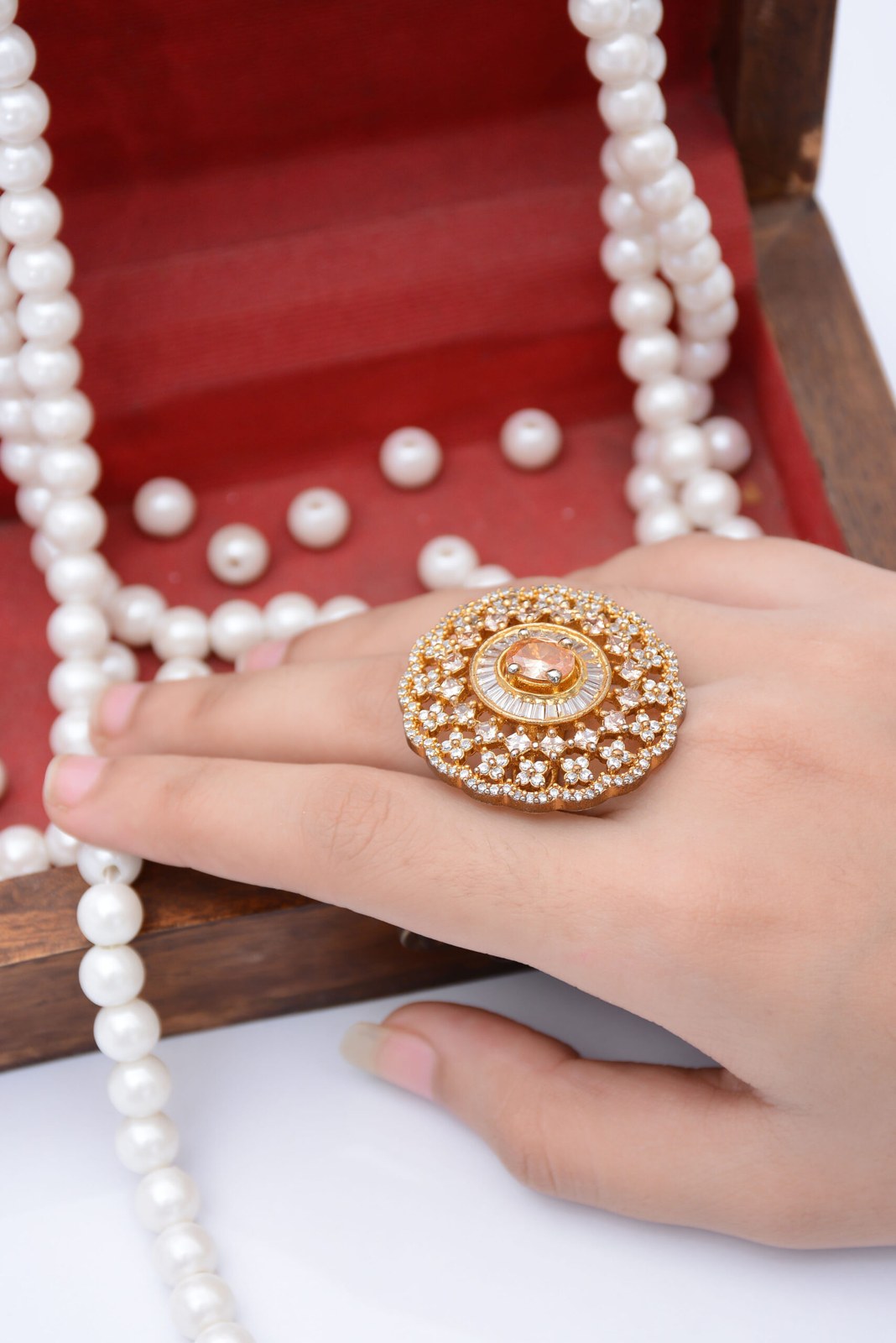 Copper Silver Zircon Round Cocktail Ring
