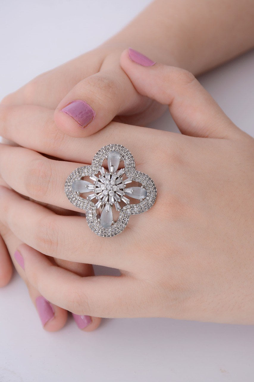 Zircon Silver Clover Cocktail Ring