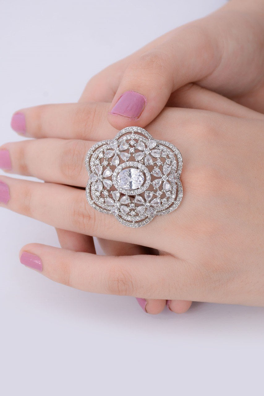 Golden Silver Zircon Floral Cocktail Ring