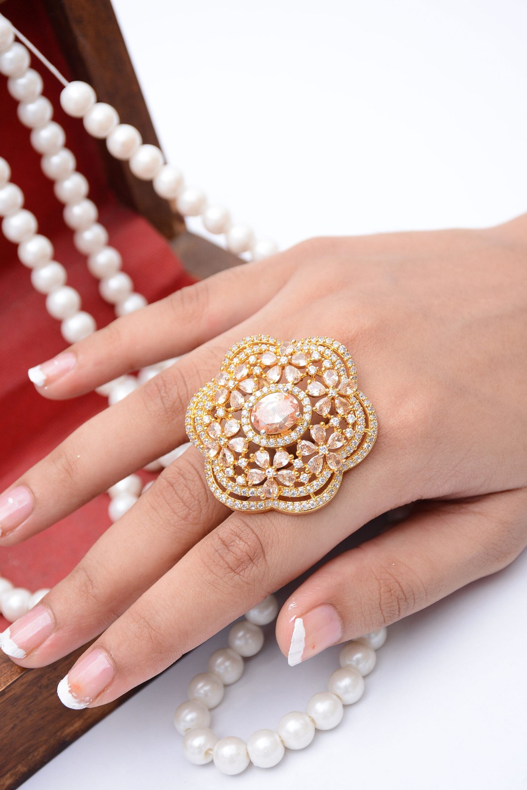 Golden Silver Zircon Floral Cocktail Ring