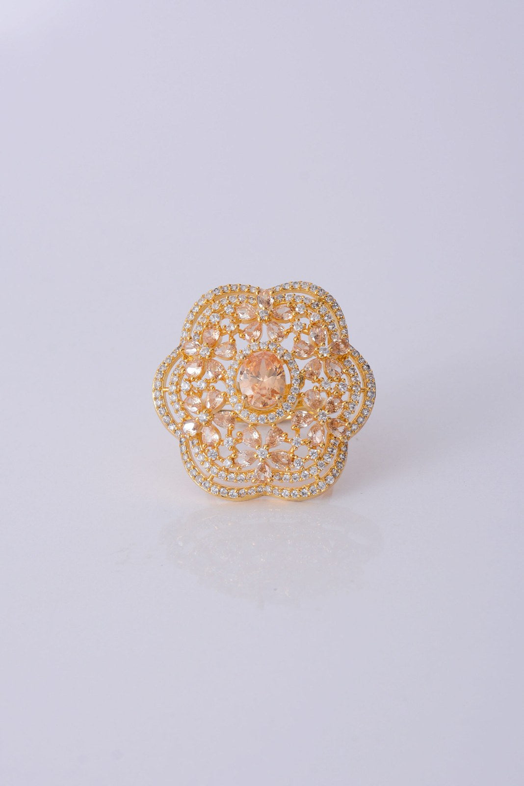 Golden Silver Zircon Floral Cocktail Ring