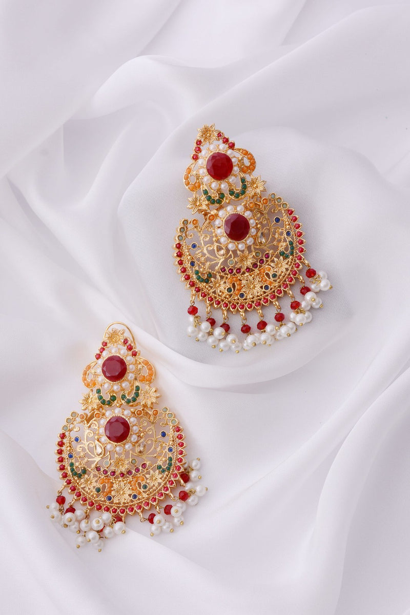 Maroon Green Stone Pearl Drop Earrings