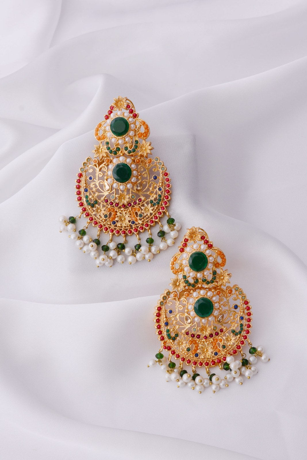 Maroon Green Stone Pearl Drop Earrings