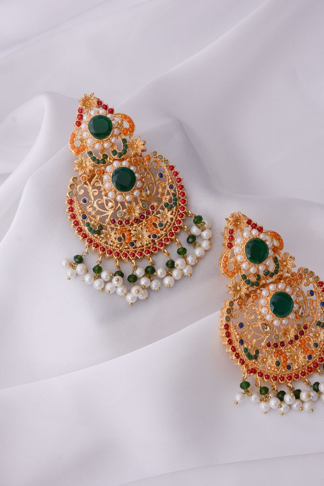 Maroon Green Stone Pearl Drop Earrings
