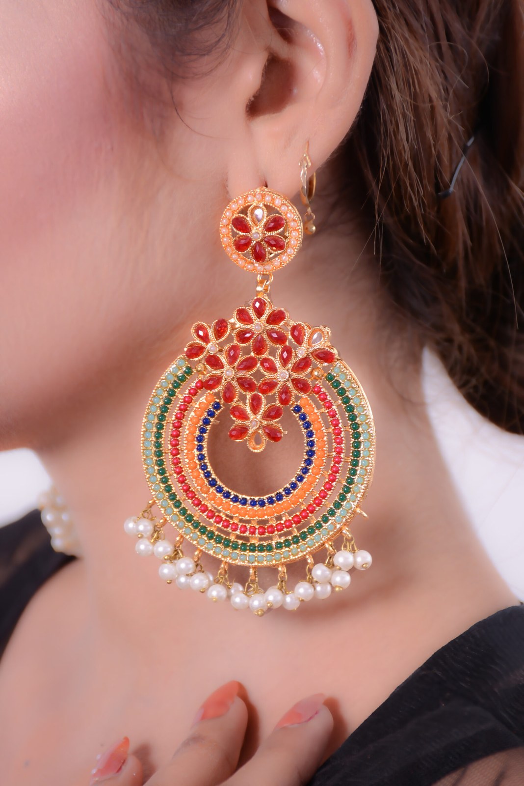 Multicolour Pearl Chandbali Earrings
