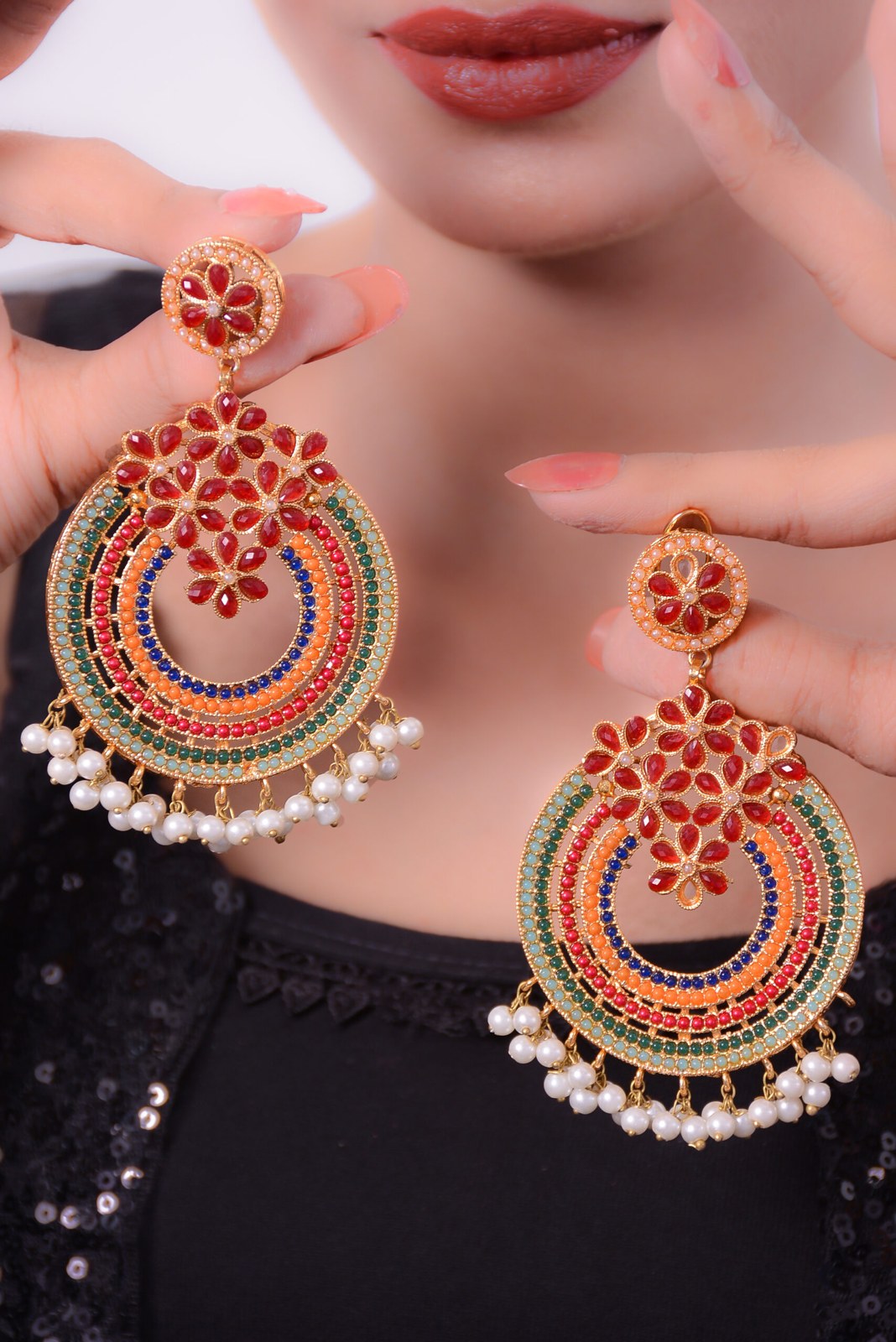 Multicolour Pearl Chandbali Earrings