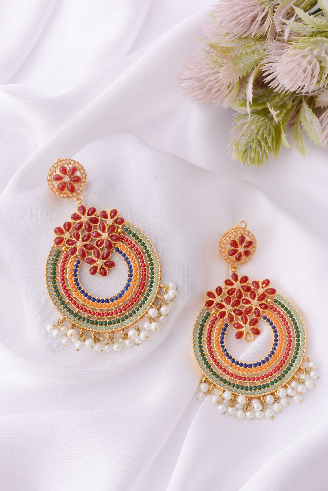 Multicolour Pearl Chandbali Earrings