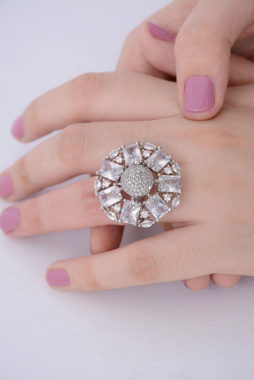 Silver Zircon Flower Cluster Ring