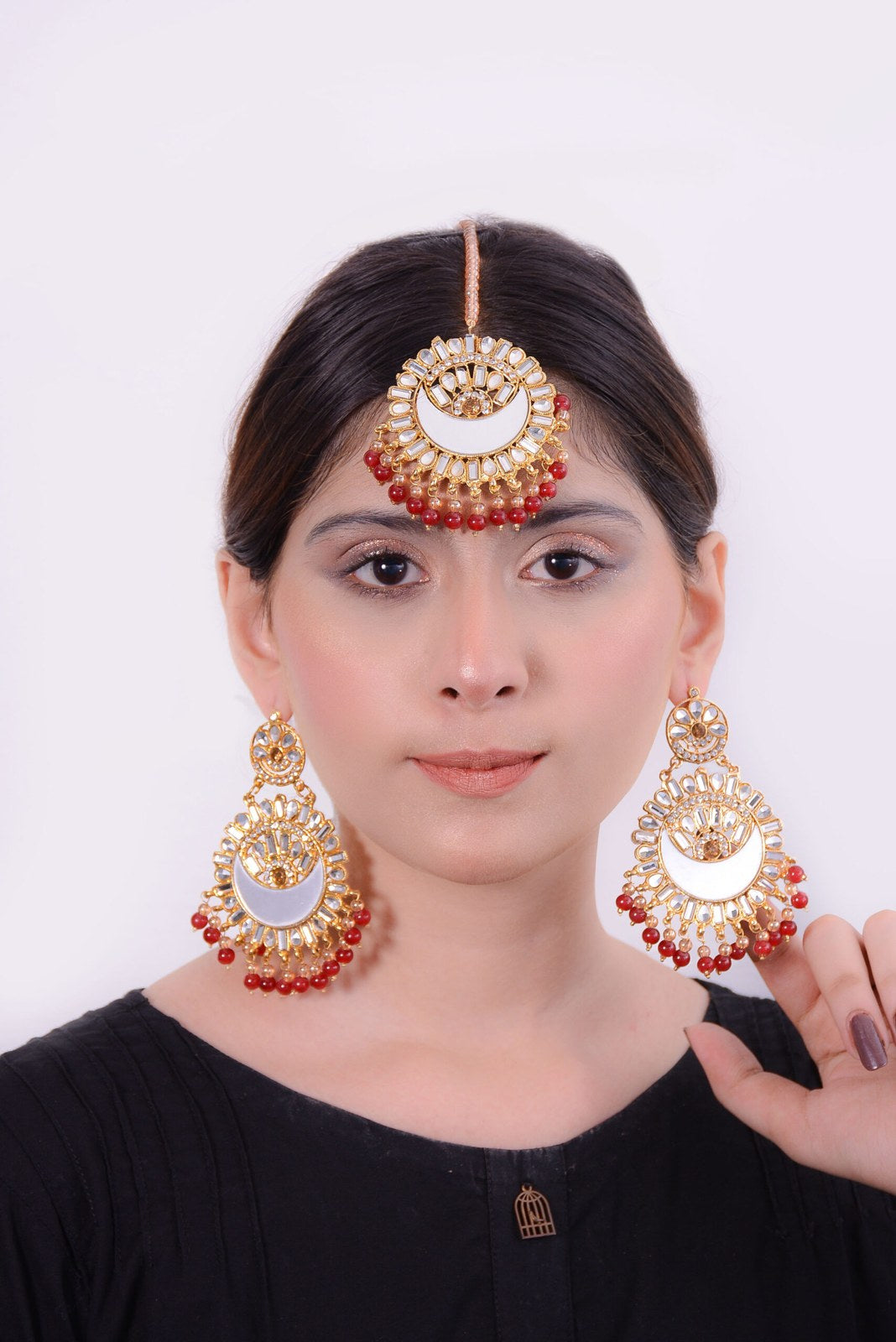 Maroon Pearl Golden Chandbali and Tikka Set