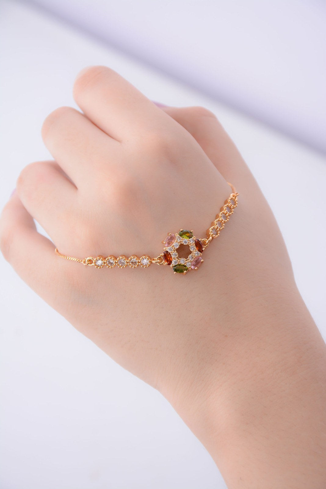 Multi Stone Golden Hand Chain Bracelet