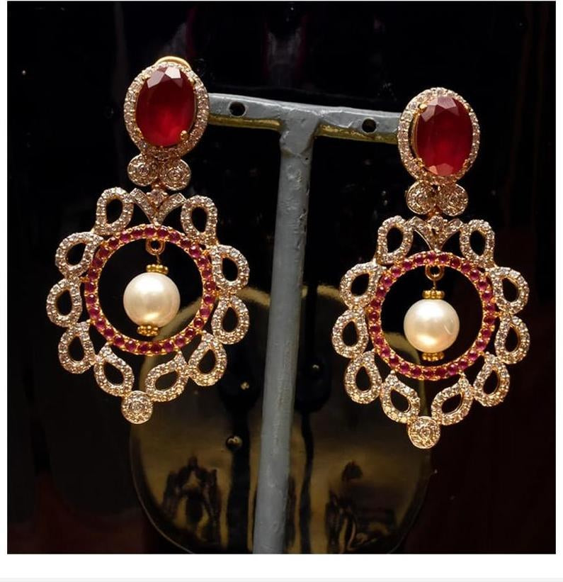 925 Silver Ruby Pearl Circle Drop Earrings