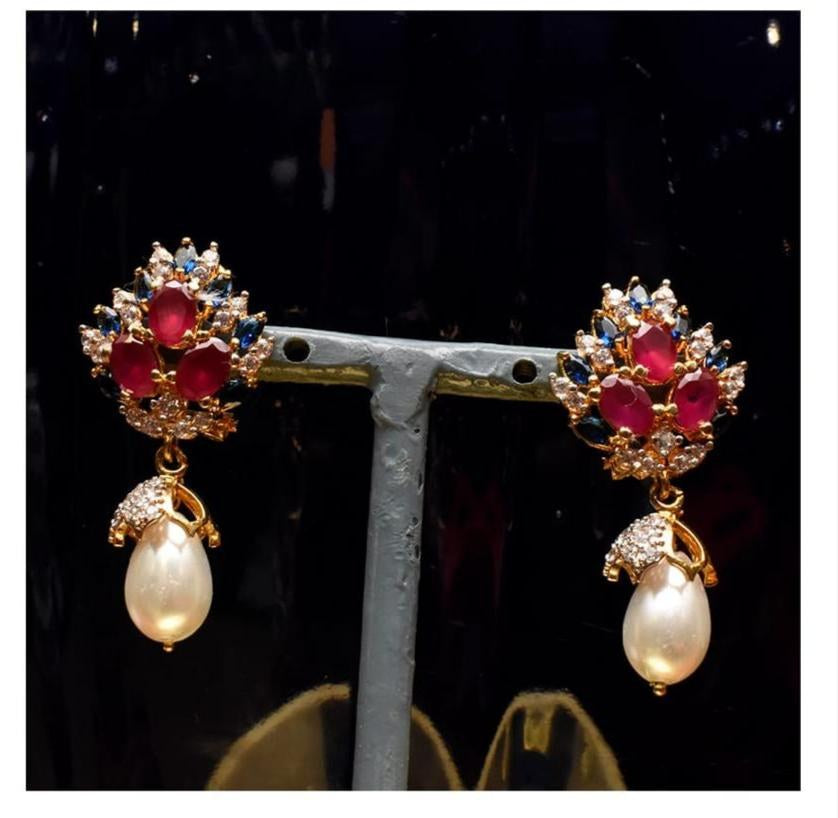 925 Silver Ruby Sapphire Pearl Drop Earrings