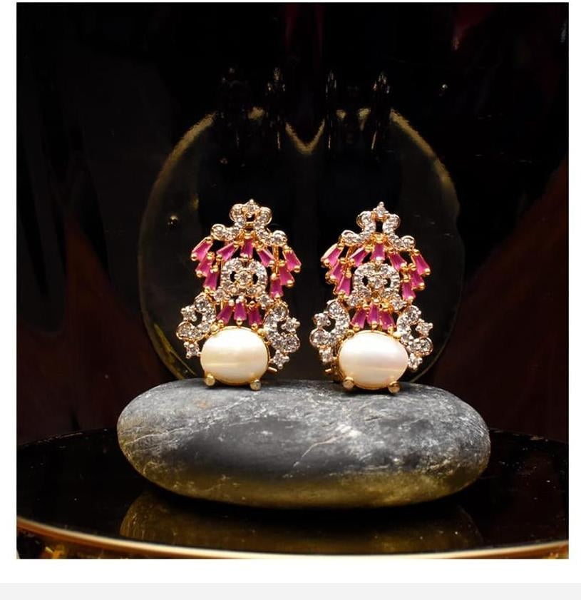 925 Silver Pink Zircon Pearl Stud Earrings