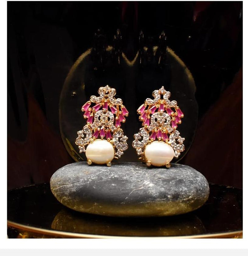 925 Silver Pink Zircon Pearl Stud Earrings