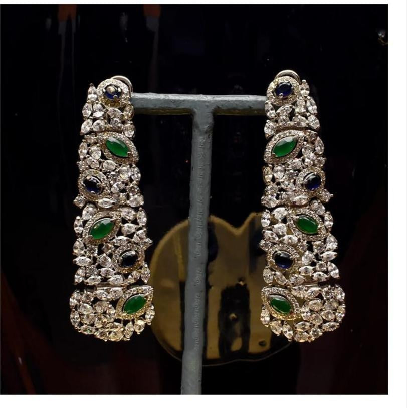 925 Silver Emerald Marquise Long Drop Earrings